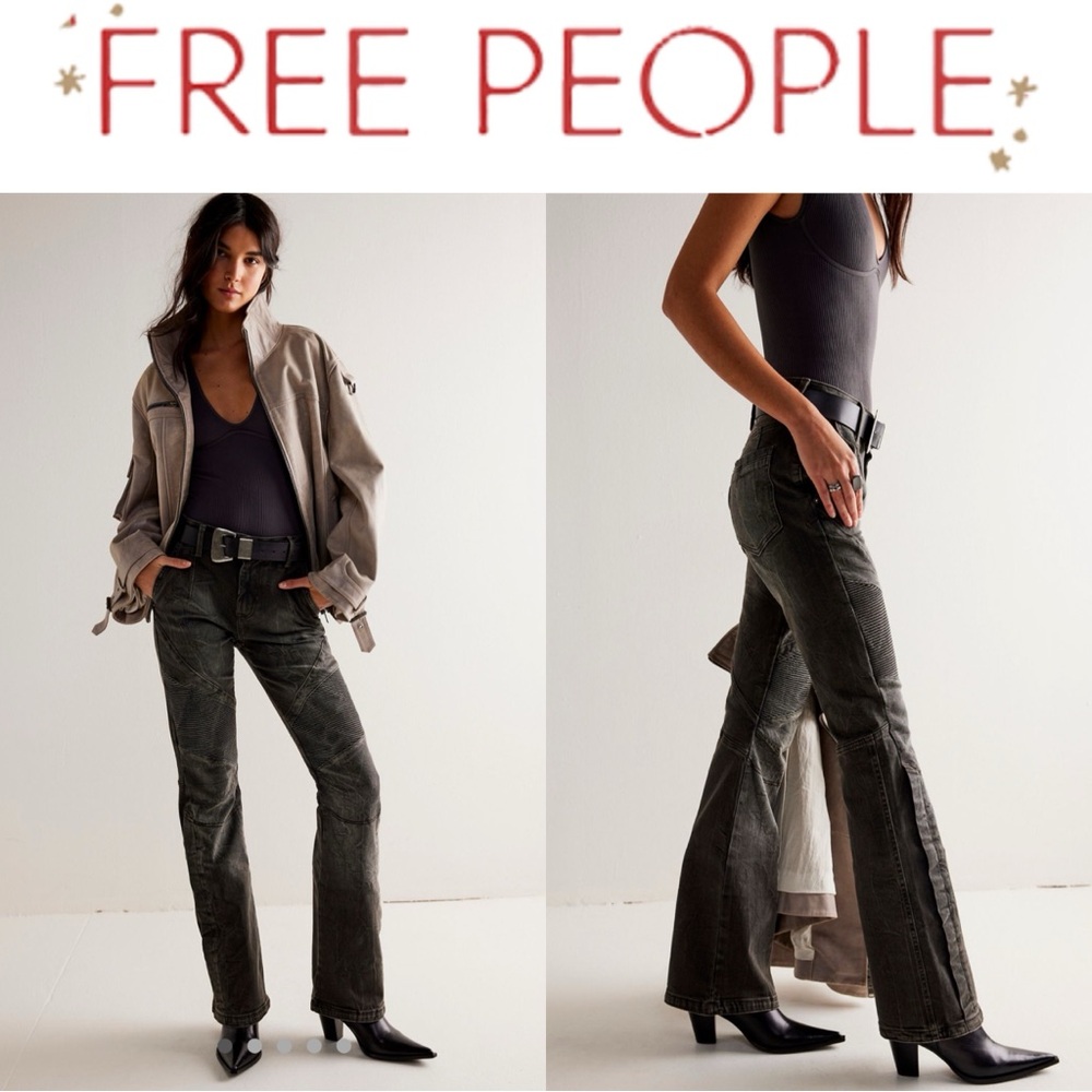 FREE PEOPLE WE THE FREE VECTOR MOTO FLARE JEANS STONEWASHED BLACK RIBBED **NWT**